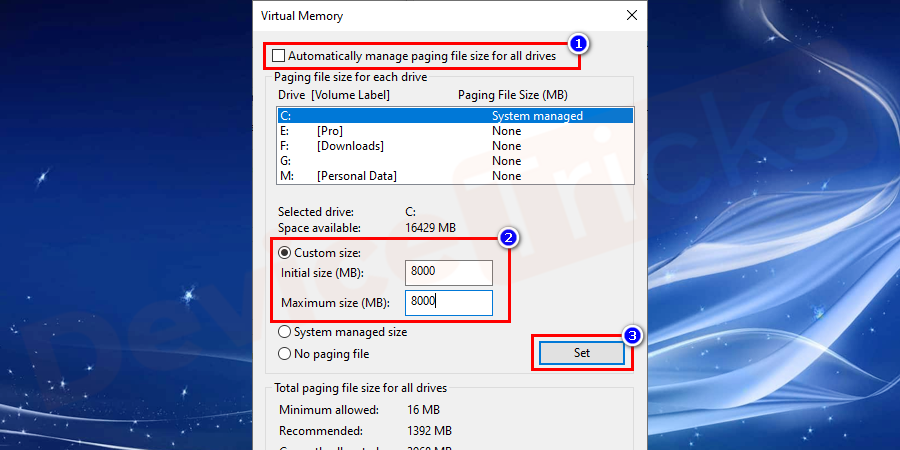 uncheck-automatically-manage-paging-file-size-for-all-drives-custom-size-values-8000