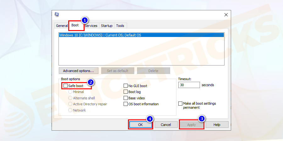 navigate-to-the-boot-tab-and-uncheck-the-box-in-front-of-the-safe-boot-option.-finally-click-ok